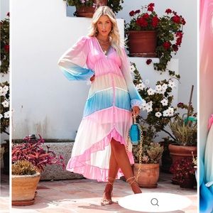Ombré High Low MIDI Maxi Dress. Blue, yellow, pink. Gender reveal dress. NWT